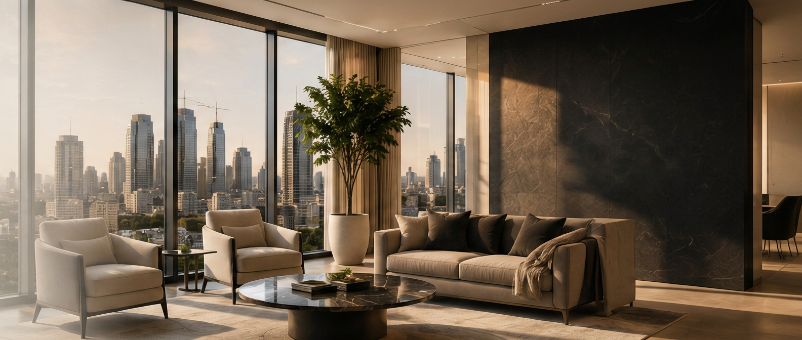Private lounge in a city high-rise with the Principal Room wall marque