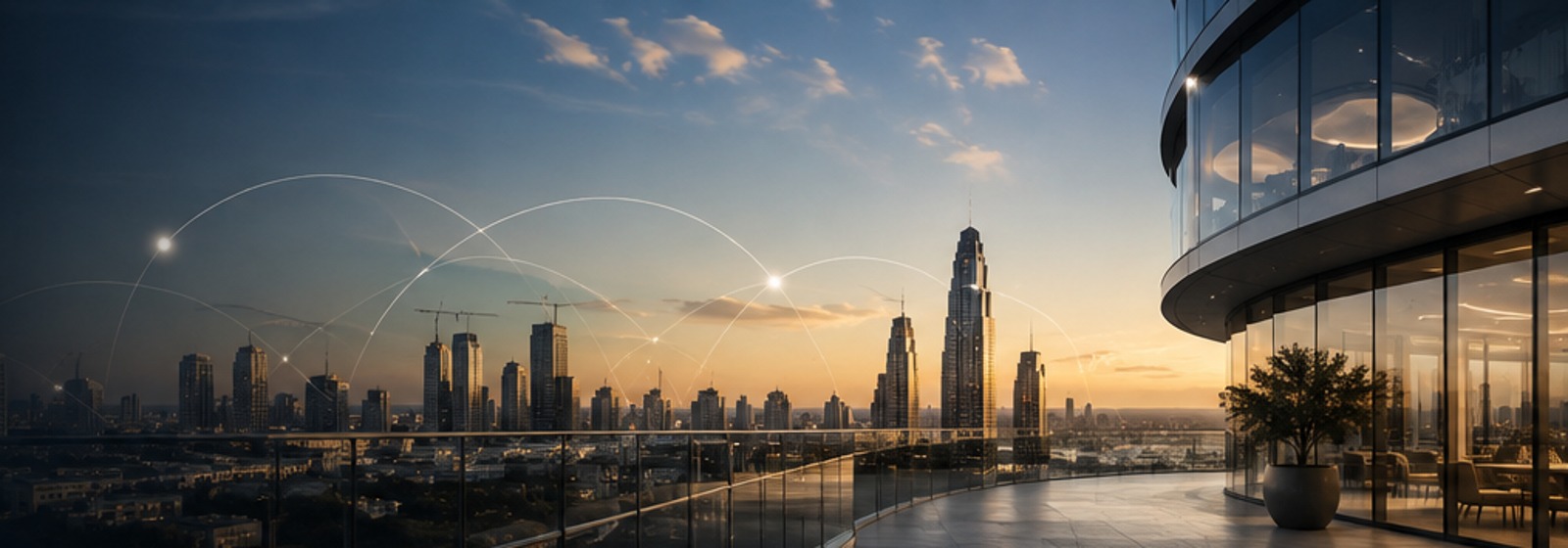 City skyline at dusk with connecting lines above the towers, seen from a private office terrace